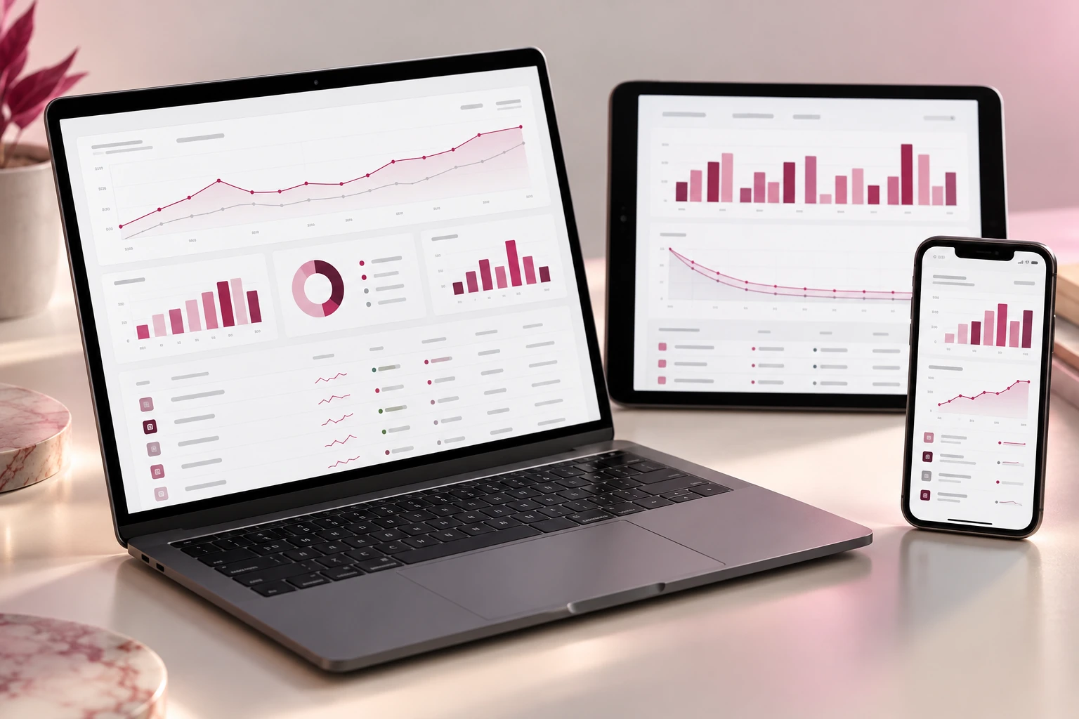 Illustrative mobile app performance dashboards on laptop, tablet and smartphone